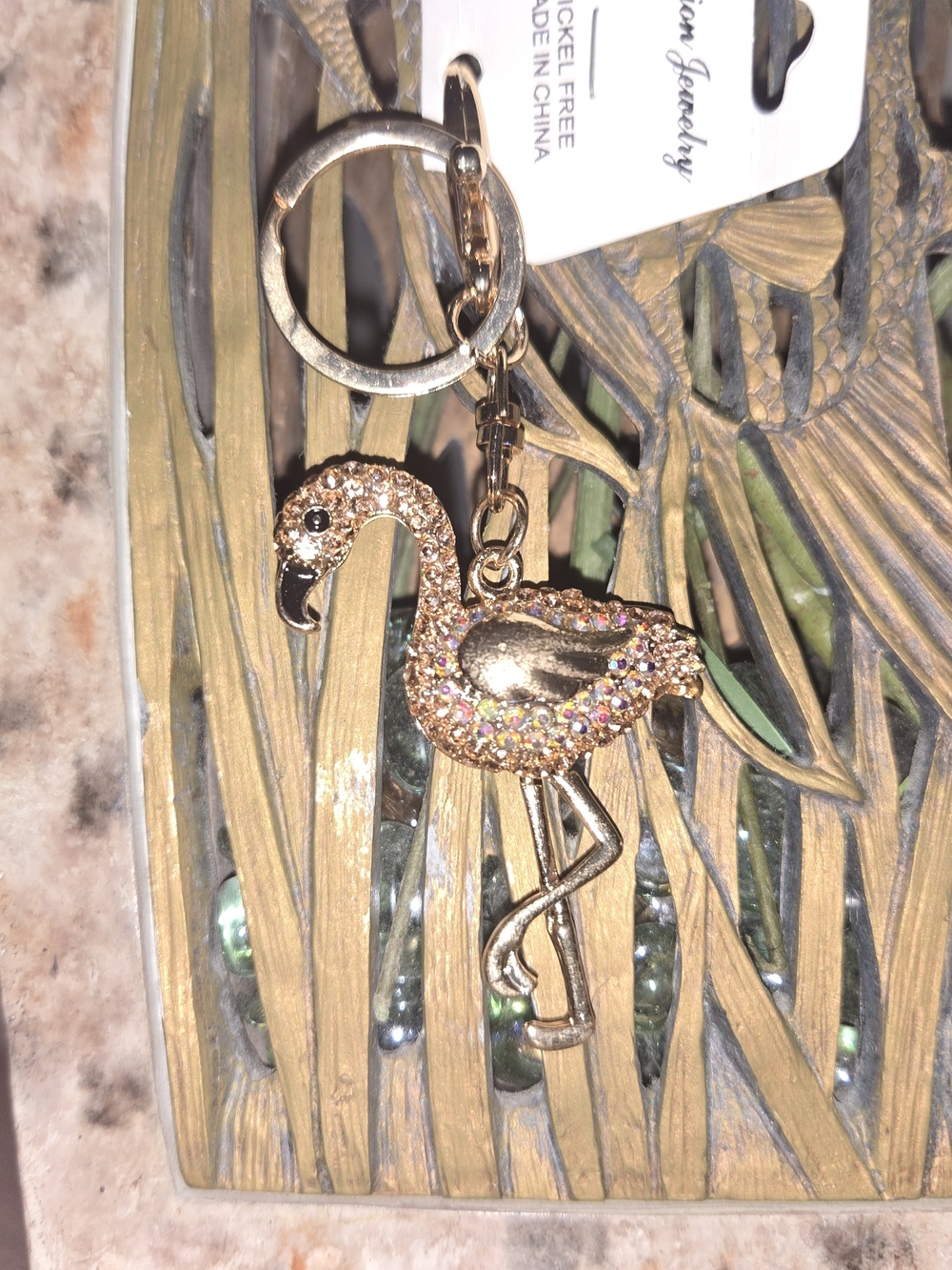Gold Rhinestone Flamingo Keychain